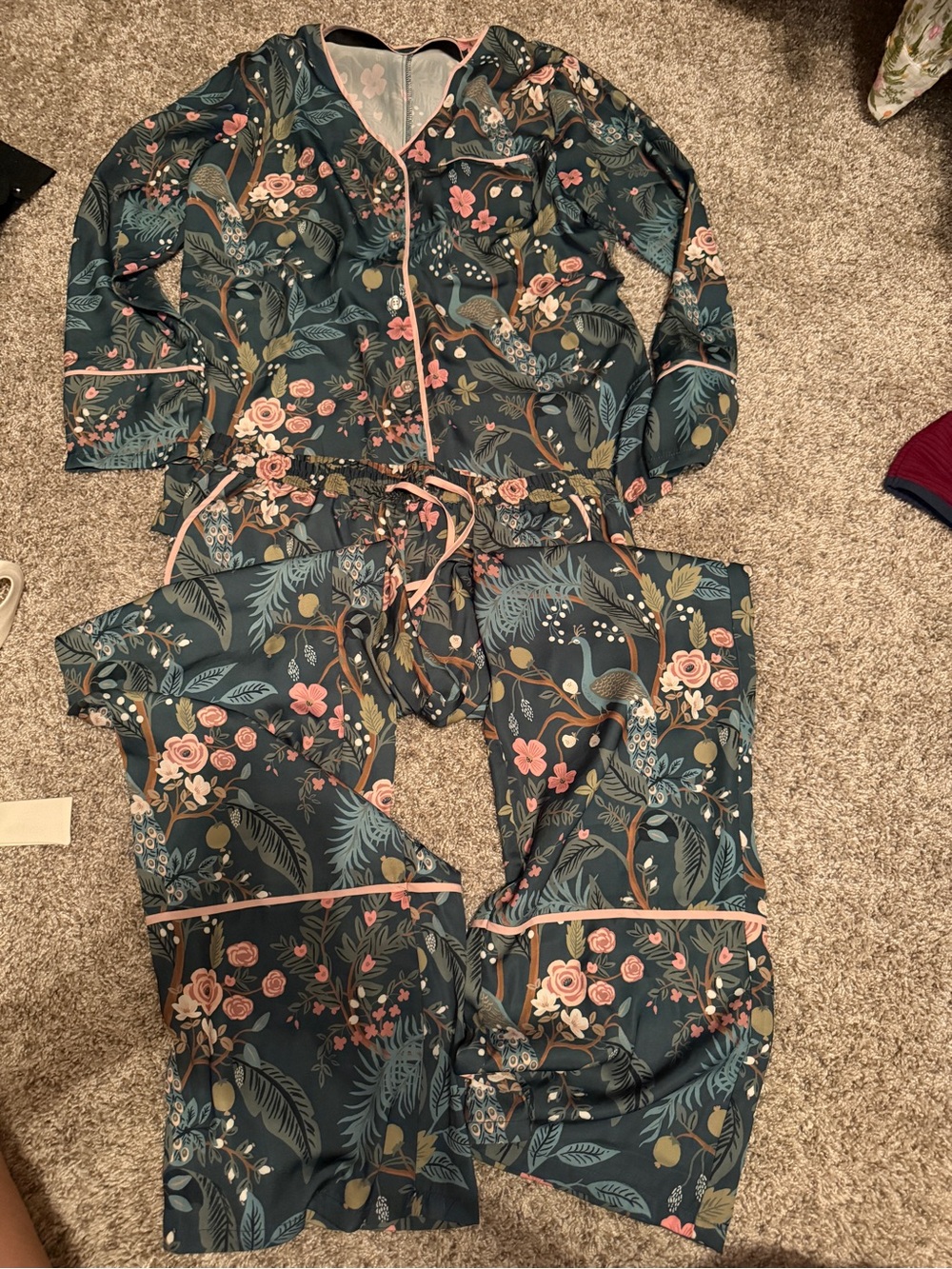 Rifle Paper Co. Teal Floral Forest Pajama Set with Pink Trim